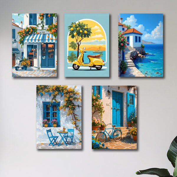 set of 5 italian mediterranean vintage homes aesthetic art themed wall art wooden sticky Phototile frames for wall home and girls room decoration