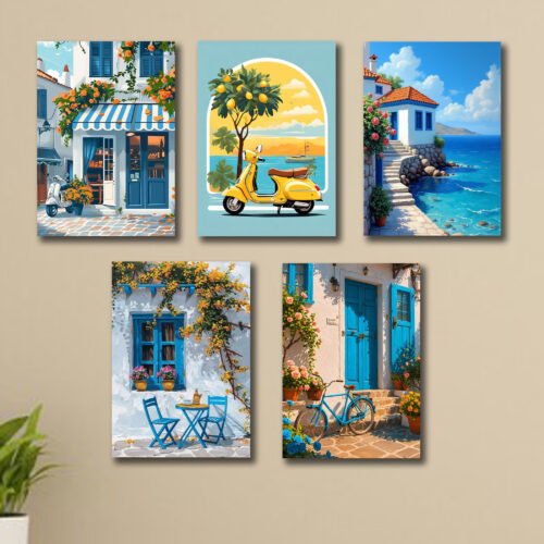 set of 5 italian mediterranean vintage homes aesthetic art themed wall art wooden sticky Phototile frames for wall home and girls room decoration