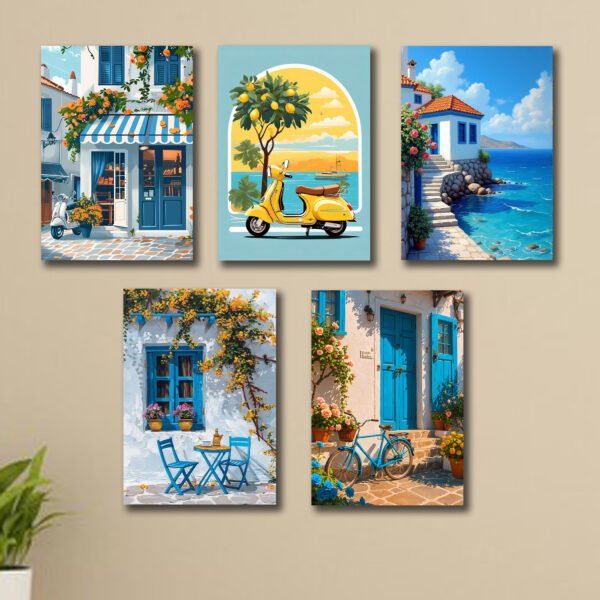 set of 5 italian mediterranean vintage homes aesthetic art themed wall art wooden sticky Phototile frames for wall home and girls room decoration