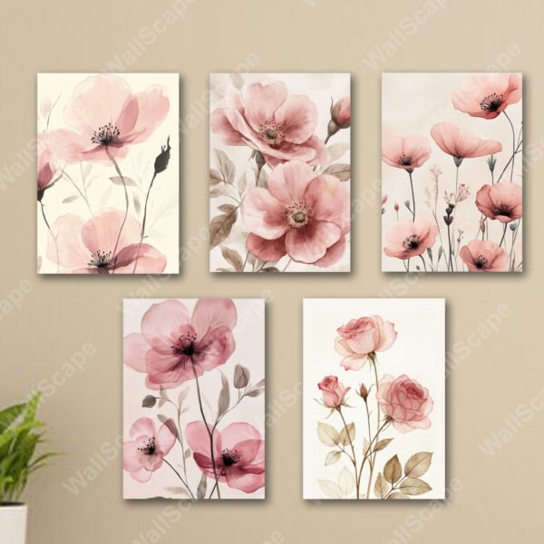 set of 5 flowers floral wall art wooden sticky canvas frames for girls room home decoration / sticky phototiles