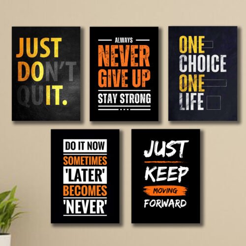 set of 5 Motivational sticky  wooden canvas frames for wall decore / sticky phototiles for office home workplace