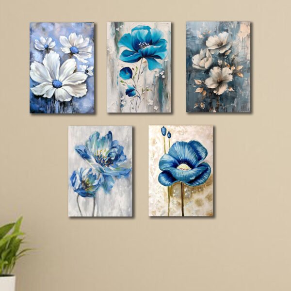 set of 5 blue flowers wall art wooden frames for home decoration / sticky phototiles
