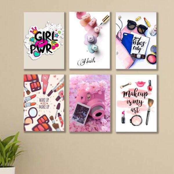 set of 6 girls room wall art sticky canvas frames / sticky phototiles makeup theme