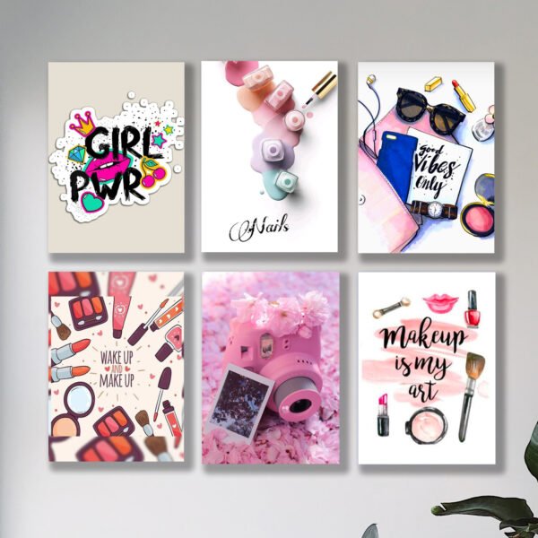 set of 6 girls room wall art sticky canvas frames / sticky phototiles makeup theme