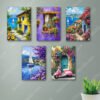 set of 5 italian mediterranean vintage homes aesthetic art themed wall art wooden sticky Phototile frames for wall home and girls room decoration