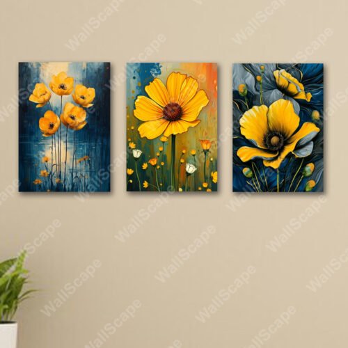 set of 3 blue yellow flowers floral wall art wooden sticky frames sticky phototiles