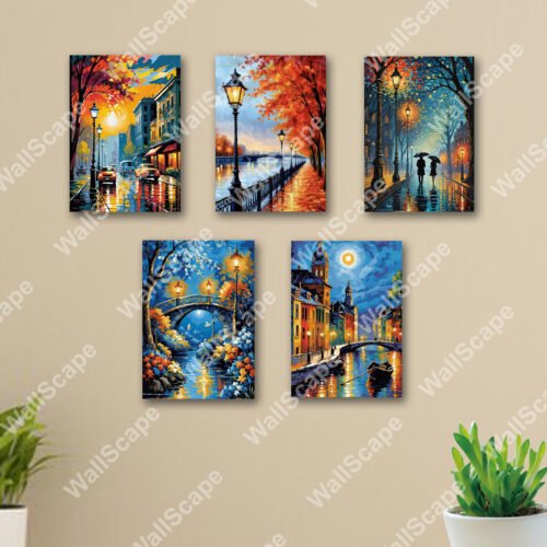 set of 5 trending aesthetic night art decore wall art wooden sticky poster frame / Phototile frames
