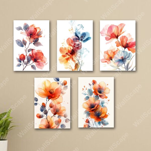 set of 5 flowers floral wall art wooden sticky canvas frames for girls room home decoration / sticky phototiles