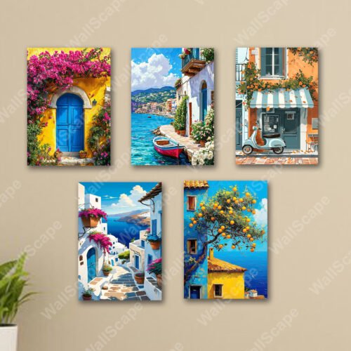 set of 5 italian mediterranean vintage homes aesthetic art themed wall art wooden sticky Phototile frames for wall home and girls room decoration