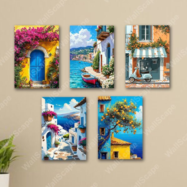 set of 5 italian mediterranean vintage homes aesthetic art themed wall art wooden sticky Phototile frames for wall home and girls room decoration