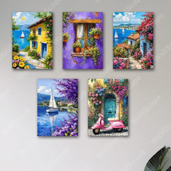 set of 5 italian mediterranean vintage homes aesthetic art themed wall art wooden sticky Phototile frames for wall home and girls room decoration