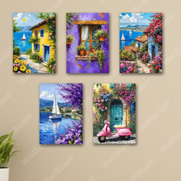 set of 5 italian mediterranean vintage homes aesthetic art themed wall art wooden sticky Phototile frames for wall home and girls room decoration