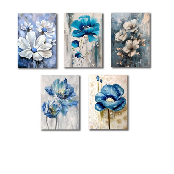 set of 5 blue flowers wall art wooden frames for home decoration / sticky phototiles
